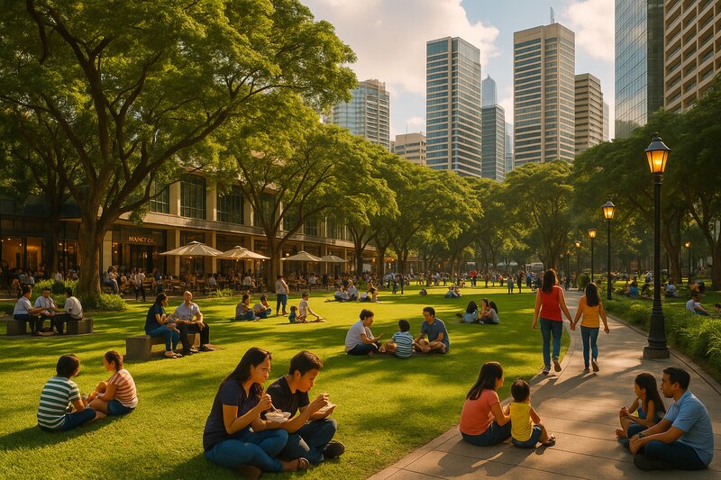 People relaxing and gathering in Ayala Triangle Gardens during afternoon
