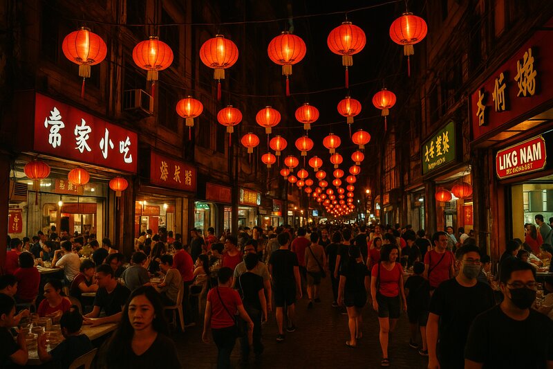 Atmospheric Binondo street at night with red lanterns hanging and Chinese storefronts illuminated