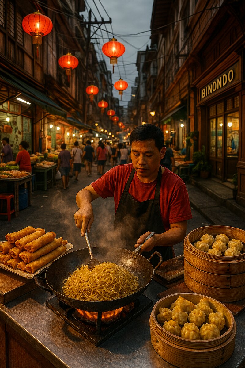Binondo street food vendor with Chinese-Filipino dishes like pancit and lumpia