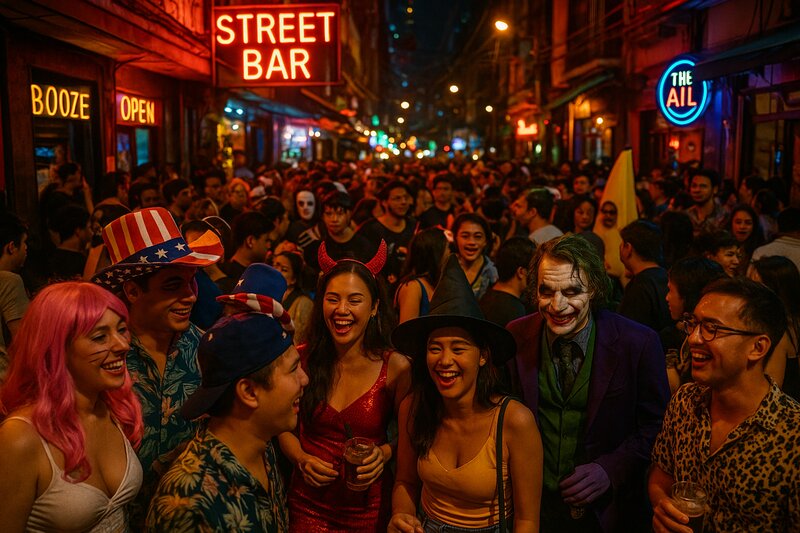 Crowded bar scene during Halloween celebration in Manila