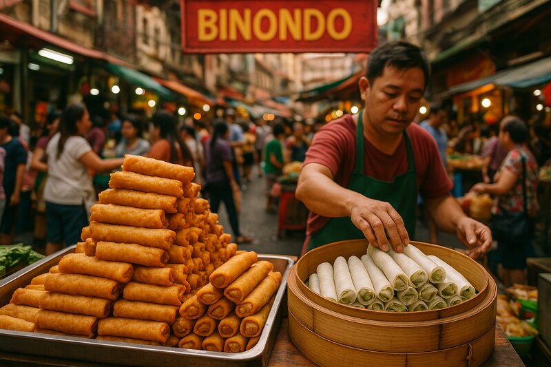 Lumpia display at Binondo market stall with golden-fried spring rolls stacked high and fresh lumpia in bamboo steamer
