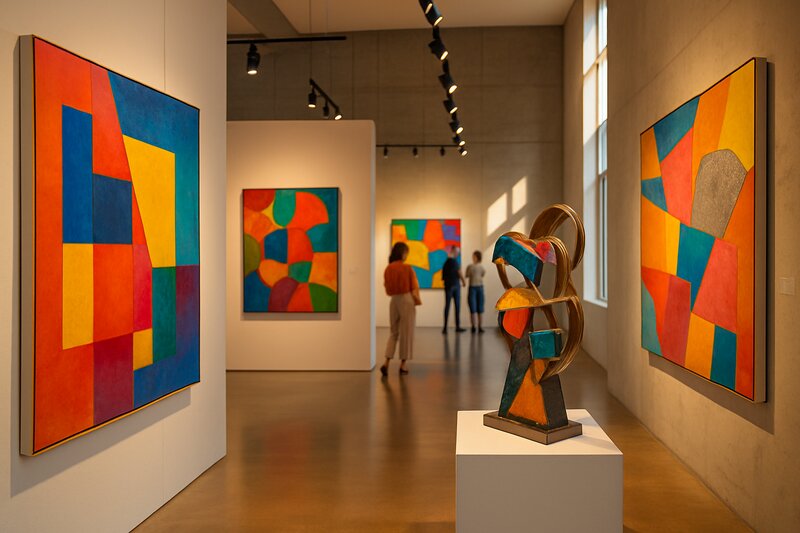 Modern art gallery interior with vibrant contemporary paintings and sculpture installations