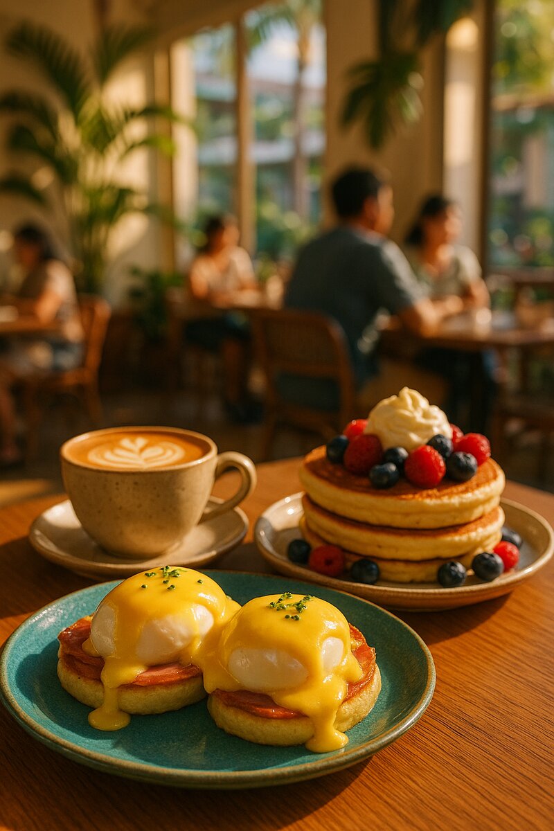 Vibrant brunch spread showcasing eggs Benedict, pancakes, and fresh pastries with coffee at a Manila restaurant
