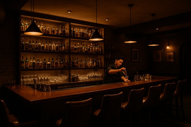The Curator bar interior with dim lighting and elegant counter seating