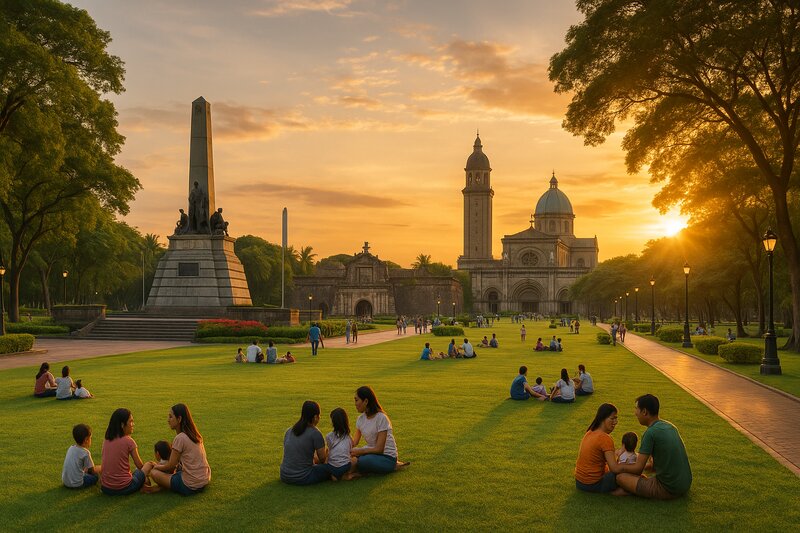 Beautiful scenic view of Manila's historic sites and parks under blue skies with visitors enjoying outdoor spaces
