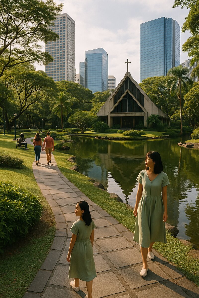 Serene Greenbelt Park and Chapel in Makati with peaceful green space