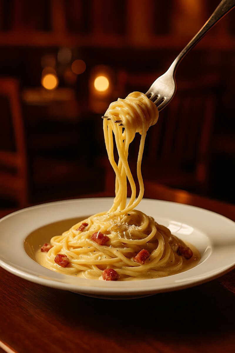 Creamy carbonara pasta with guanciale and pecorino romano cheese
