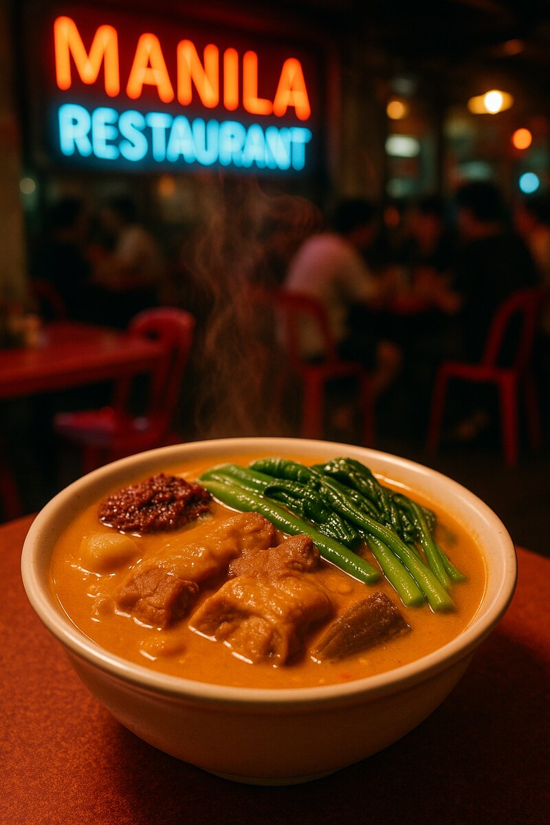 Rich peanut-based kare-kare stew with vegetables and meat