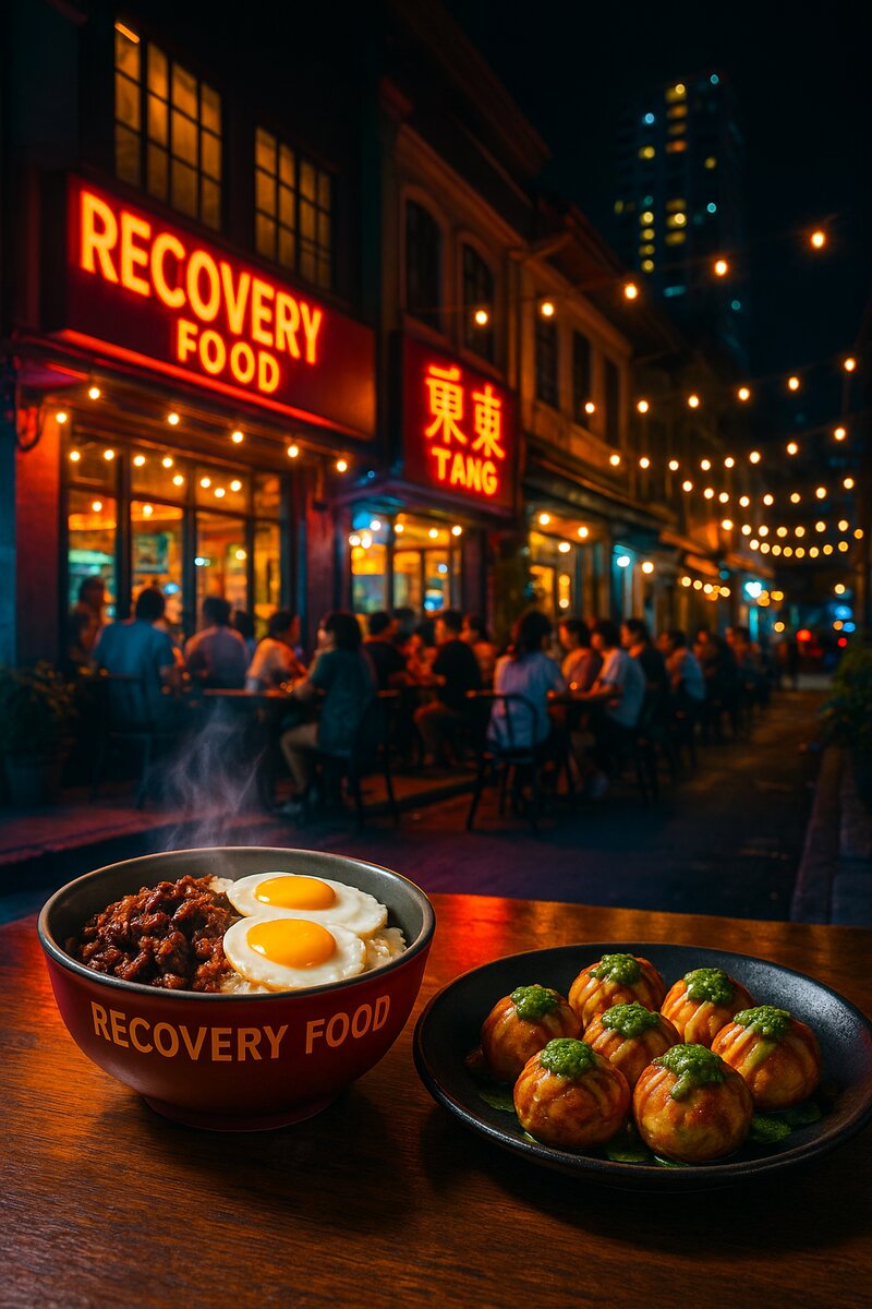 Glowing neon-lit restaurant storefront at night with diners enjoying late-night meals and drinks