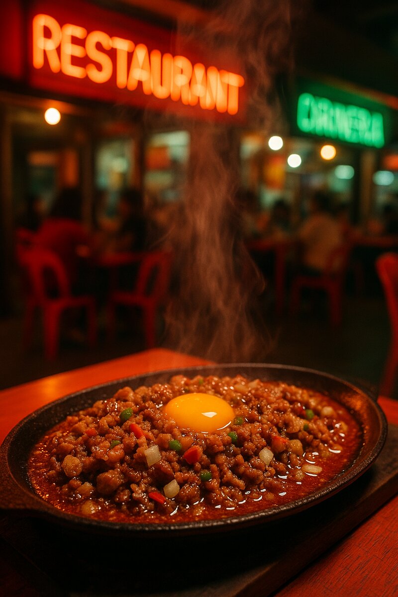 Sizzling hot sisig plate with chopped meat, liver, and vegetables on cast iron