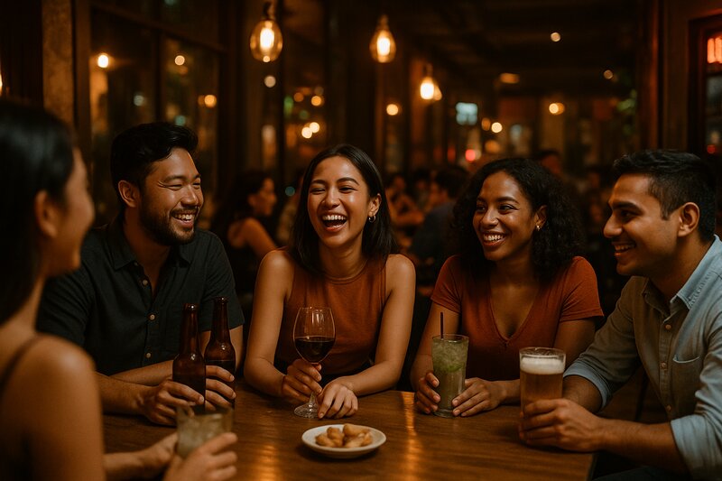 Social nightlife scene in Manila with people enjoying evening out