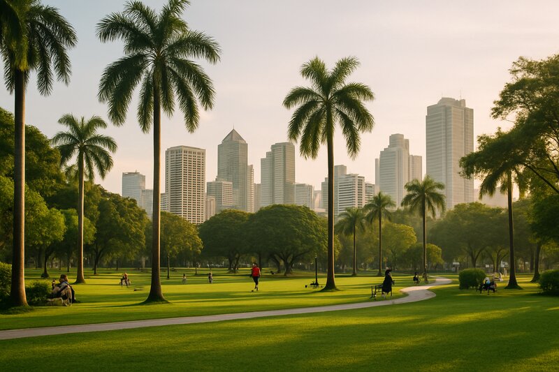 Lush green park with walking paths and trees in Metro Manila