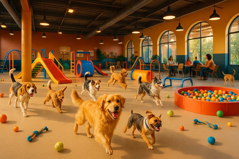 Happy dogs playing at an indoor dog park with toys and agility equipment