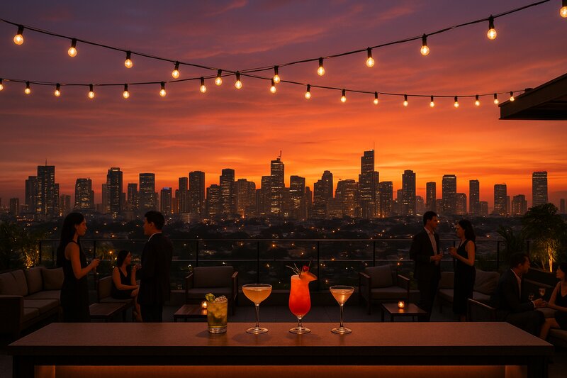 Rooftop bar with Manila city skyline view at sunset