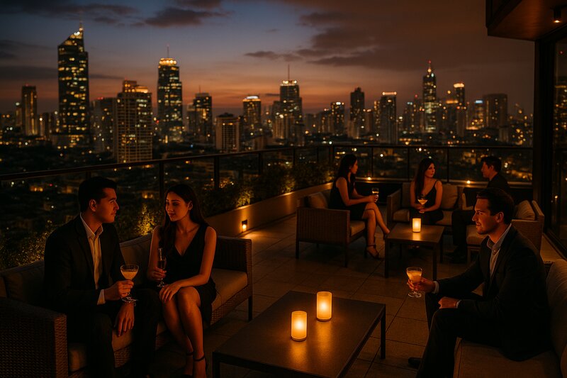 Upscale rooftop bar lounge area in Manila at night with skyline view