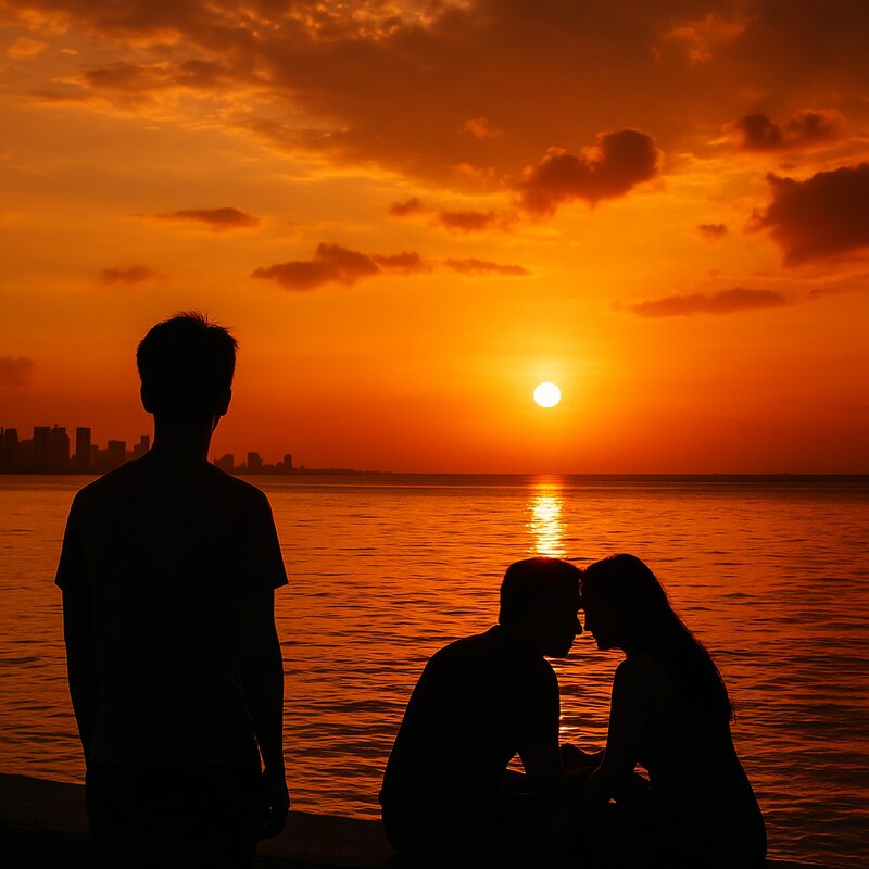 Silhouettes of people watching sunset with dramatic backlighting