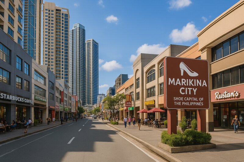 Modern commercial street with shops, restaurants, and activity