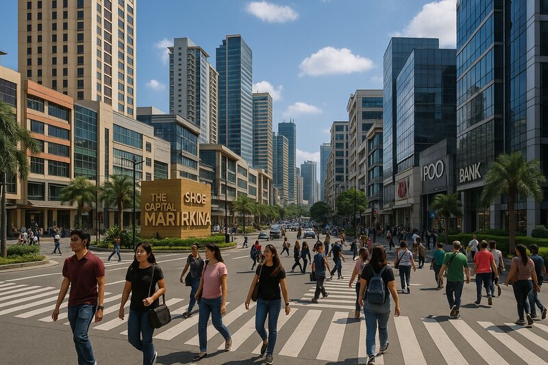 Urban lifestyle scene with pedestrians and modern development