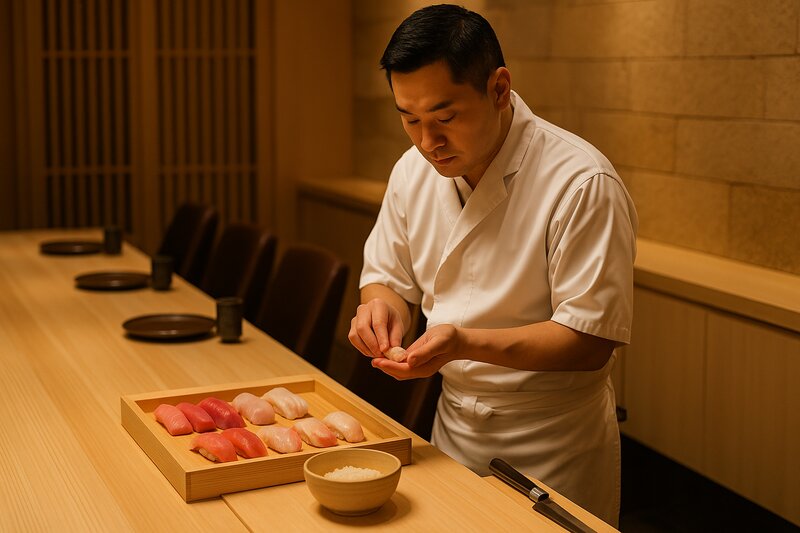 Professional sushi omakase counter with chef preparing fresh sushi