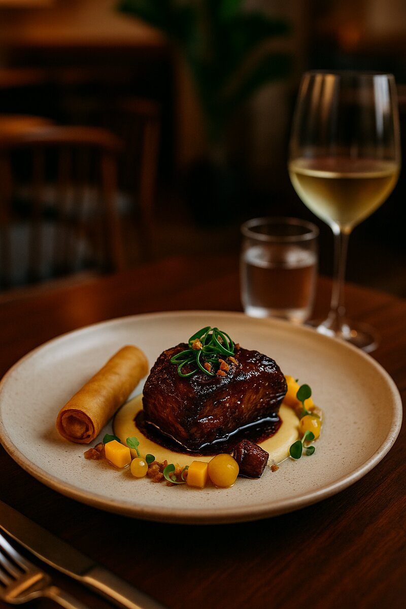 Contemporary Filipino-inspired fusion dish with modern plating