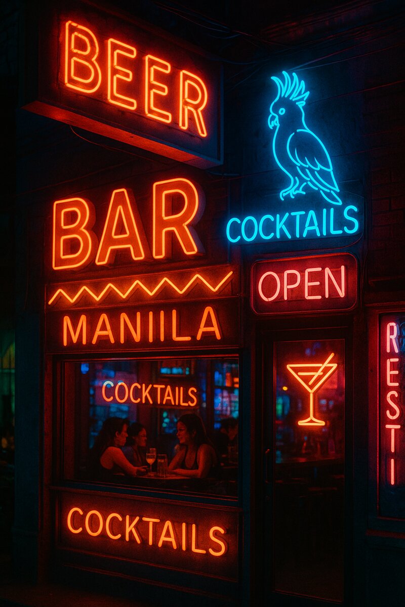 Vibrant neon bar signs and storefront in Poblacion at night
