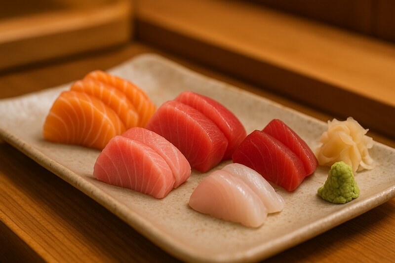 Close-up of premium raw fish with pristine salmon and toro