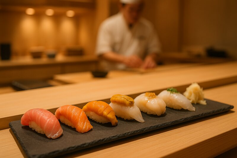 Beautiful array of fresh nigiri sushi with assorted premium fish