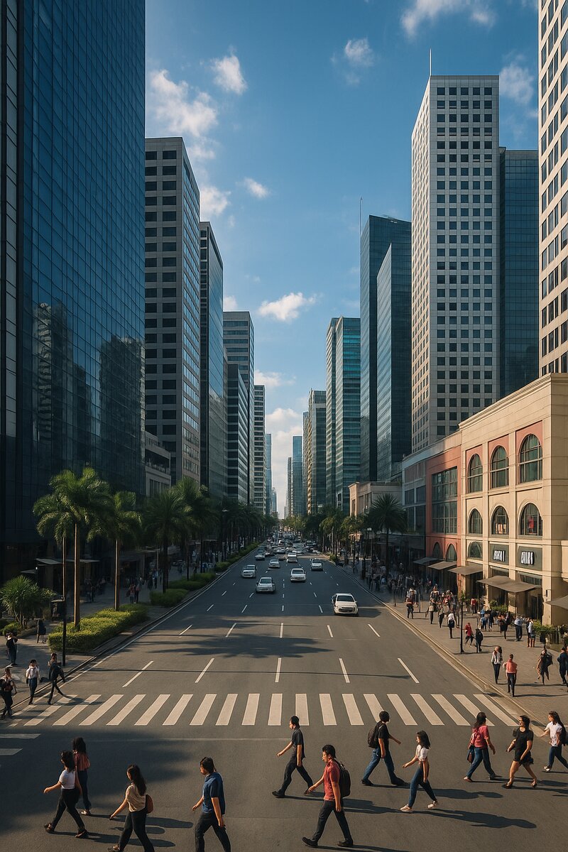 Business street with restaurants and cafes