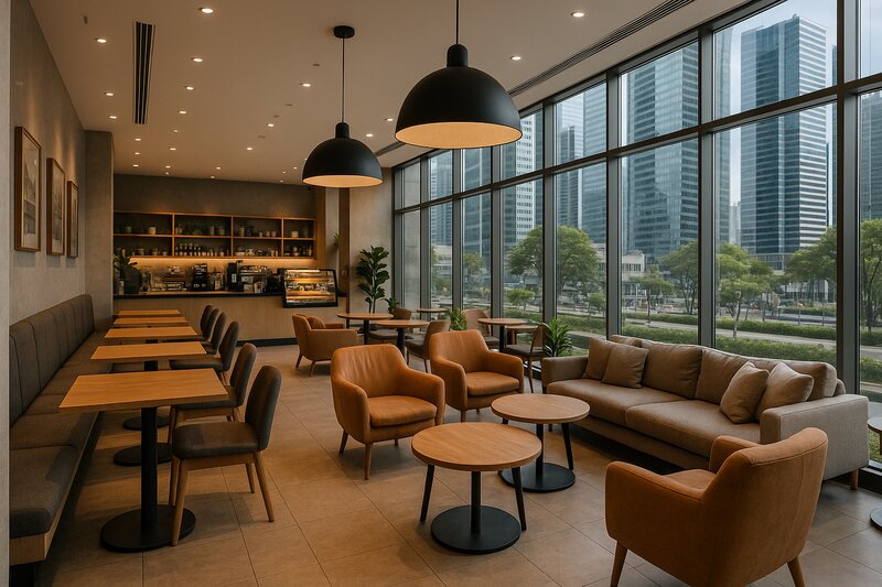 Cafe and lounge spaces in malls