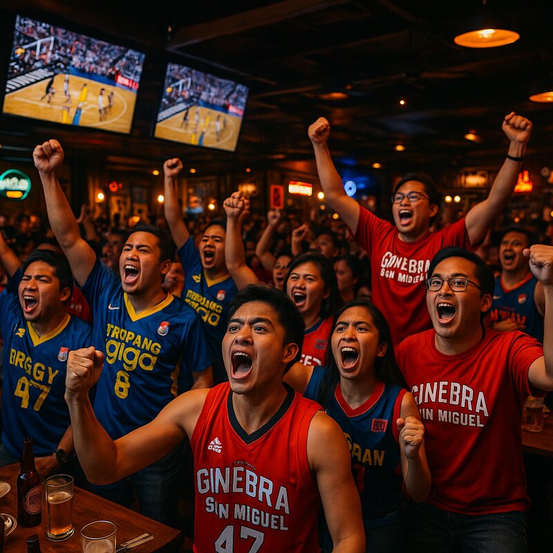 Excited Filipino fans cheering during a live PBA basketball game at a Manila sports bar