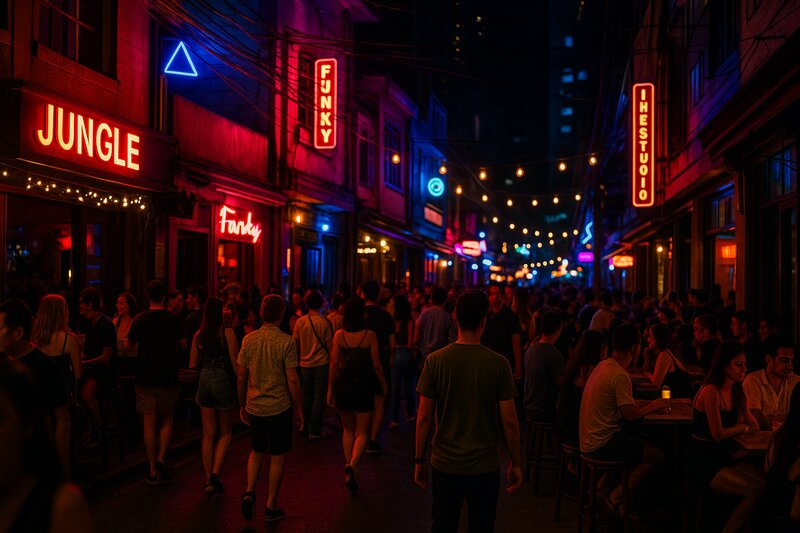 Lively night scene in Poblacion with bars and crowds