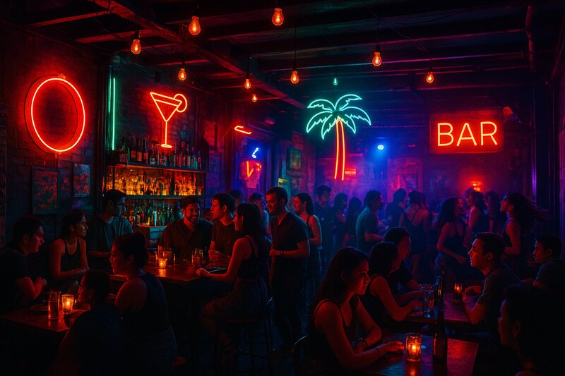 Nighttime bar scene and entertainment
