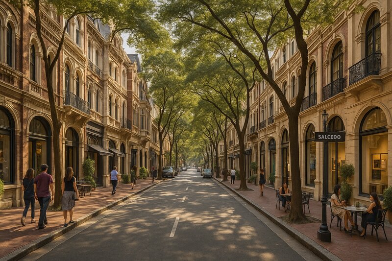 Tree-lined Salcedo Street with Victorian architecture and elegant storefronts