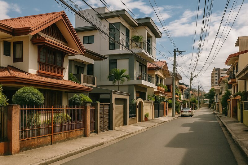 Residential street with traditional and modern homes