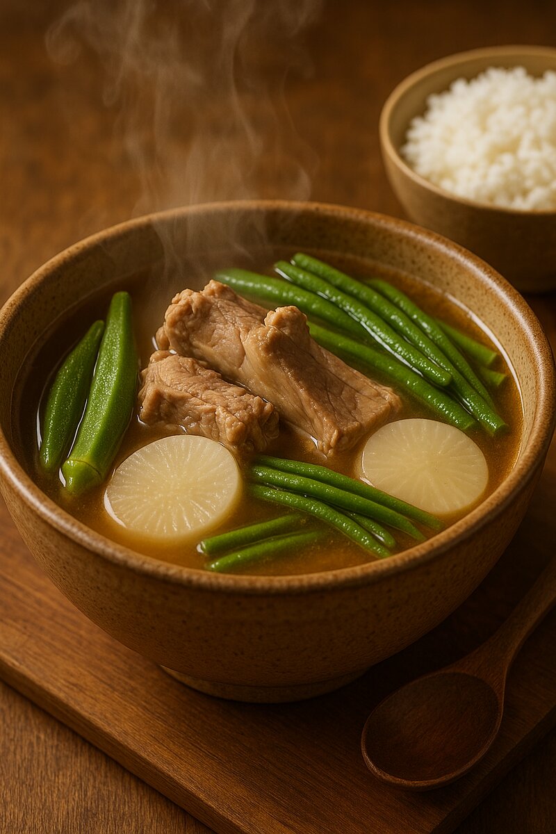 Steaming bowl of traditional sinigang with pork and vegetables in rich tamarind broth