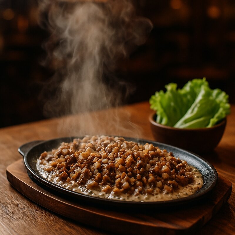 Sizzling plate of traditional pork sisig with minced meat, liver, and onions in creamy sauce