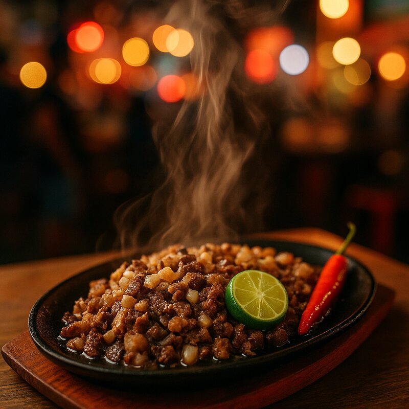 Sizzling hot sisig on traditional sizzle plate with steam rising