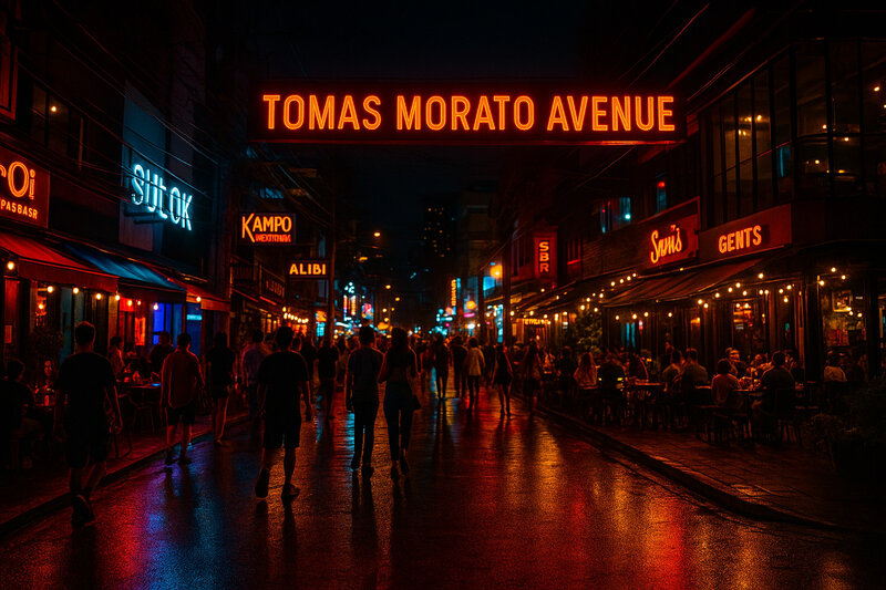 Tomas Morato Avenue at night with bars and restaurants