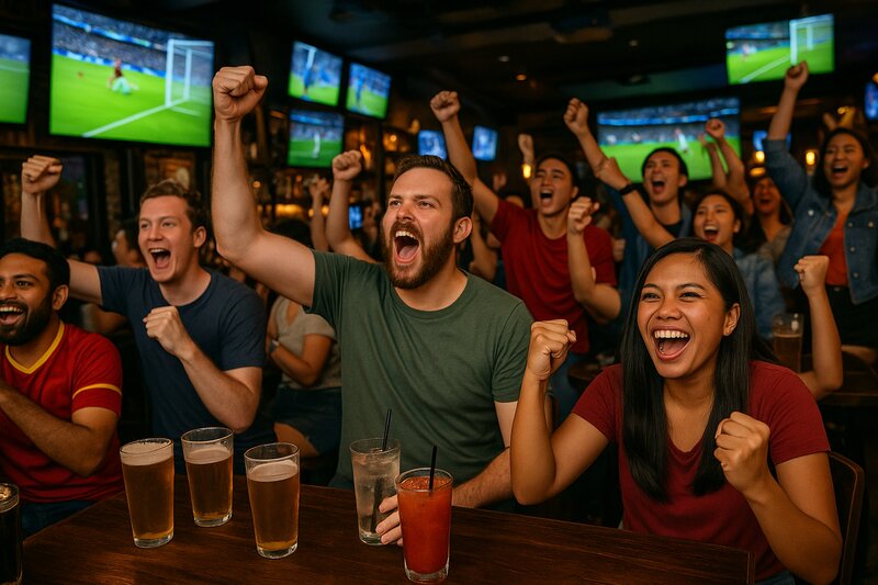 Excited fans celebrating during a live international soccer match at a Manila sports bar