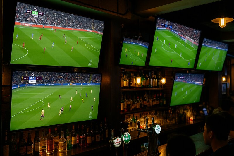 Multiple large HD screens showing different international football matches simultaneously