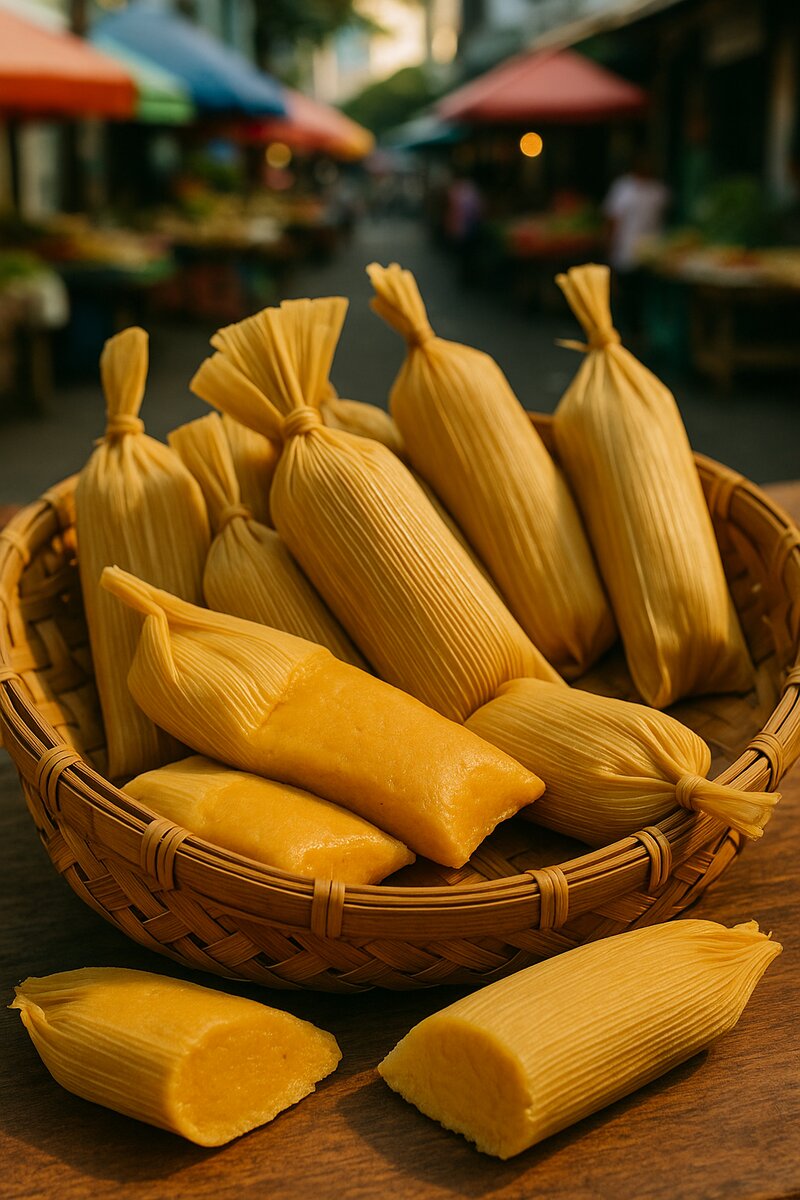 Traditional tamales wrapped in corn husks in woven basket