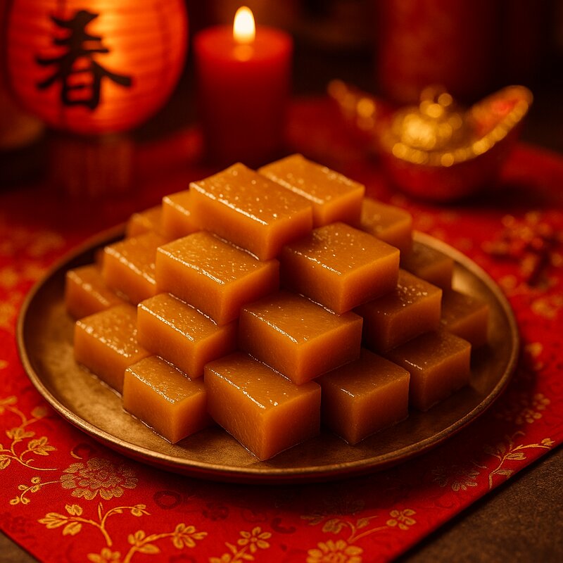 Traditional tikoy (glutinous rice cake) display during celebration arranged on serving platter with decorative elements