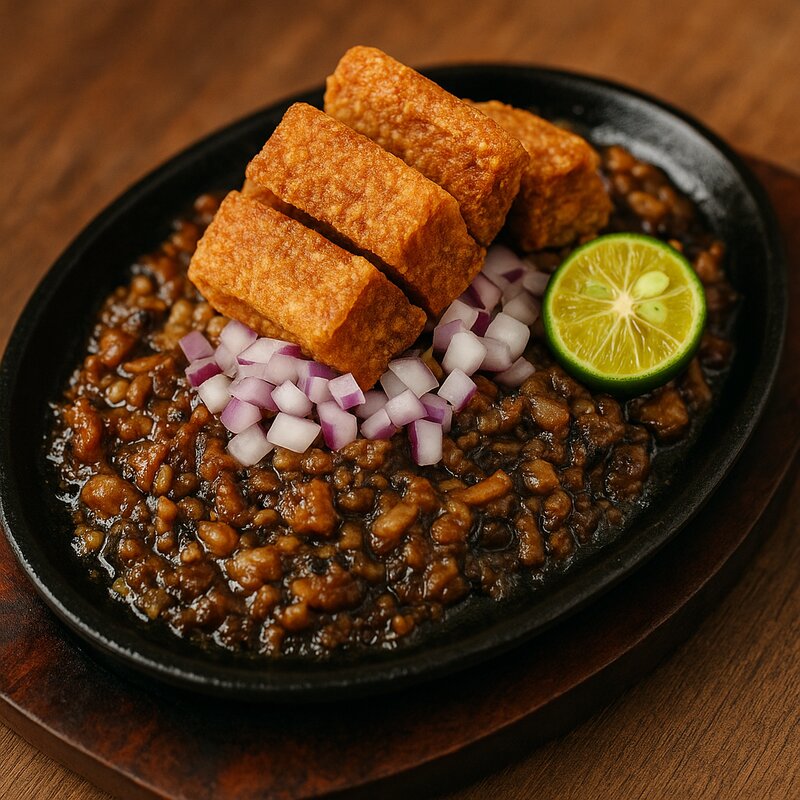 Cosmic's signature vegan sisig topped with crispy plant-based bagnet